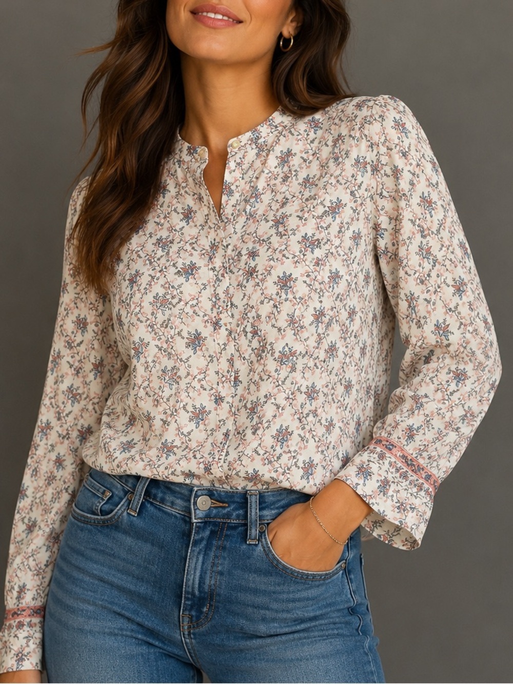 LOFT Floral Print Long Sleeve Blouse | Mock Neck Hidden Button Front (1390)